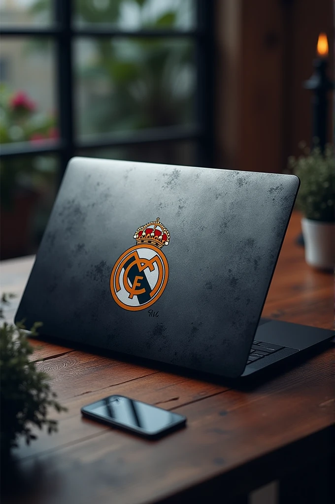 Laptop skin with Real Madrid design in grey and black.