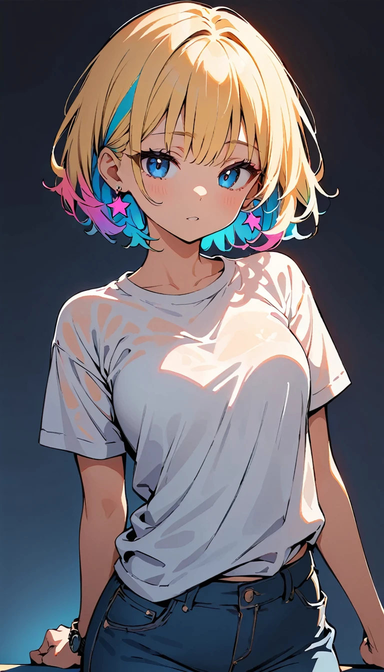 (high quality, 8k, 4K, High Contrast, masterpiece:1.2, 最high quality, Best aesthetics), (Dynamic Angle),(Full Shot), ((1 female teen)), ((Plain and bright background)), ((Flat Color)),(Plain white T-shirt on the upper body), (jeans), Looking at the audience, Upper Body, Transparent Background, Sleepy eyes, High Contrast, Contrasting colors, Pale pink and blue lighting, ((Short Hair)) , Rainbow Hair, Small star-shaped earrings in both ears, watch, bright eyeshadow, Cool look, Wet T-shirt,