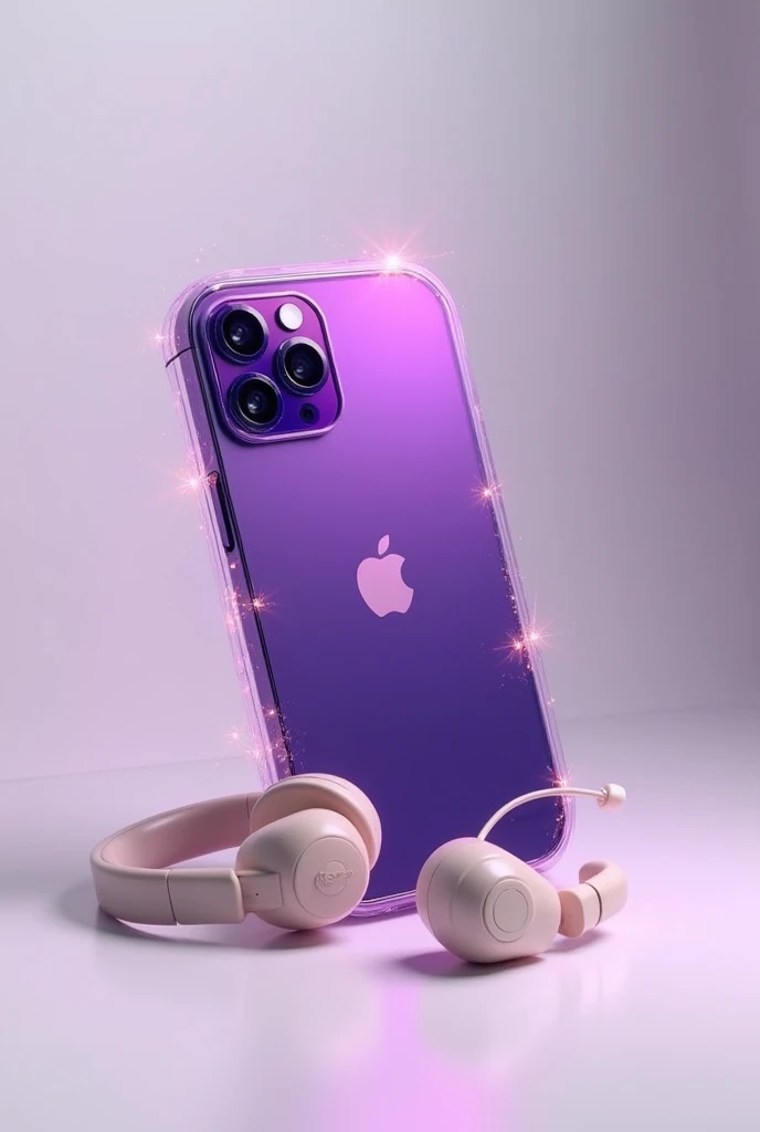 IPHONE 15 purple cell phone with lights along with beige wireless headphones