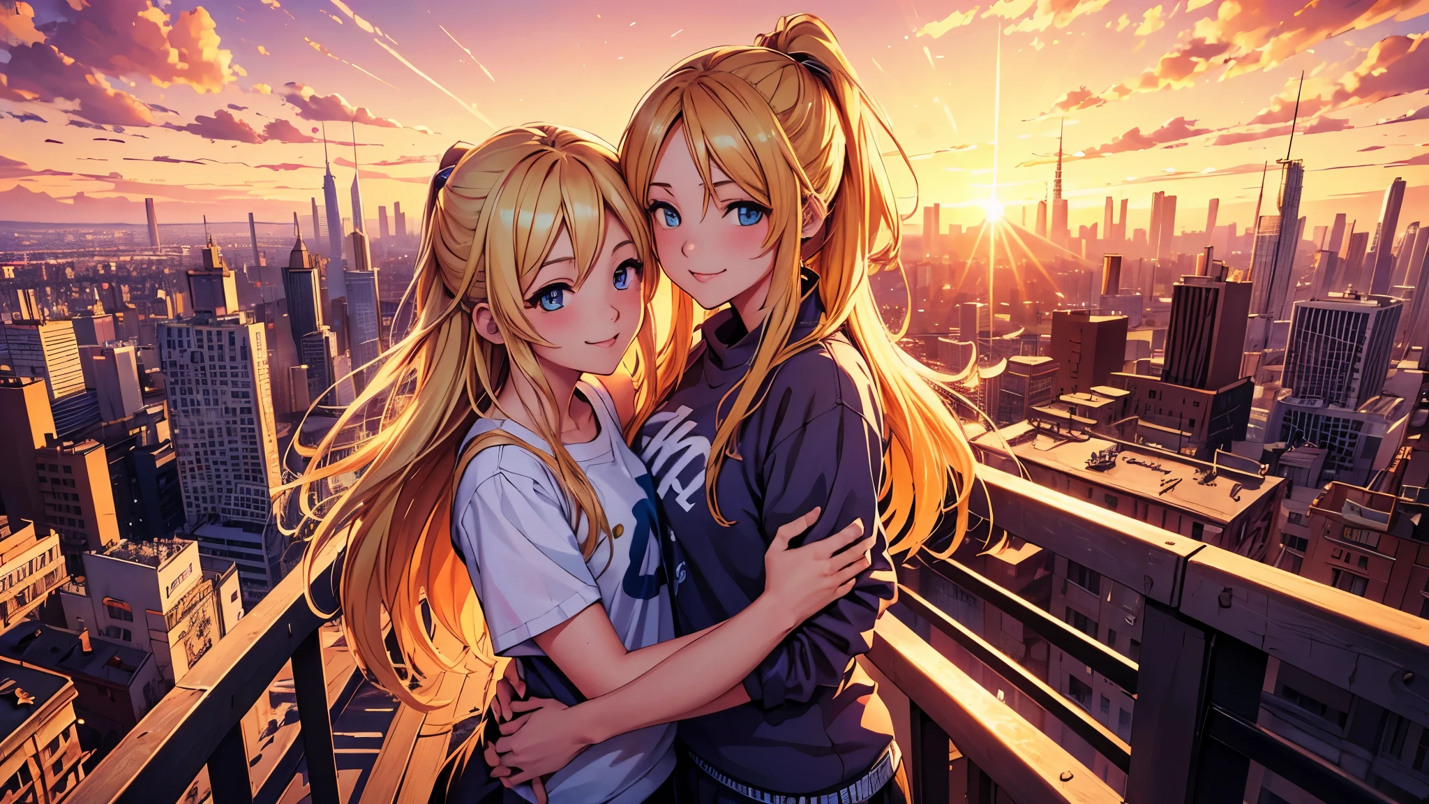 painterly anime artwork, Two twin blonde smiling girls around 1 hugging in a high detailed sunset big city,(((wearing urban clothes))), fine details, breathtaking artwork, painterly art style, high quality, 8k, very detailed, high resolution, exquisite composition and lighting