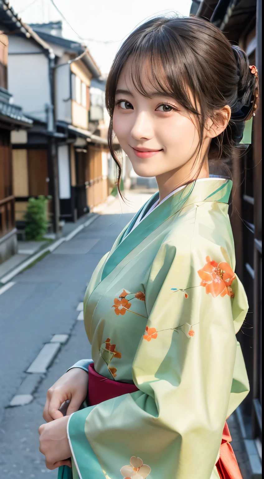 Professional Lighting,(Photorealistic:1.4), (Top image quality:1.0), (超High resolution:1.0), 8k, Raw photography, (masterpiece:0.2), (Facing the children_v1:0.5)、(最高quality Detail:1.2)、Realistic、8k UHD、High resolution、(1 person:1.2)、超detailedな、High quality textures、複雑なdetailed、detailed、Very detailed CG、High quality shadows、detailed 美しく繊細な顔、Beautiful details and a delicate eye、(Symmetrical eyes:1.2),Written boundary depth、Ray Tracing,1 person, Japanese, (Natural smile:1.4),cute, thin, Portrait of a beautiful Japanese woman in a kimono, Standing elegantly on a street corner in Kyoto. Kimono with vibrant traditional patterns, Hair decorated with elegant and delicate hairpins, Gentle expression. (With the old streets of Kyoto in the background:1.4)、The soft light of a spring afternoon、Adding tranquility to the scene. Rendered in a Realistic style with great attention to detail, High resolutionの画像.Sky Porn, Magic Hour, (Realistic:1.3), finely, quality, (Tabletop:1.2), (Realistic:1.2), (最高quality), (複雑なdetailed), dramatic, Ray Tracing, photograph, +roller