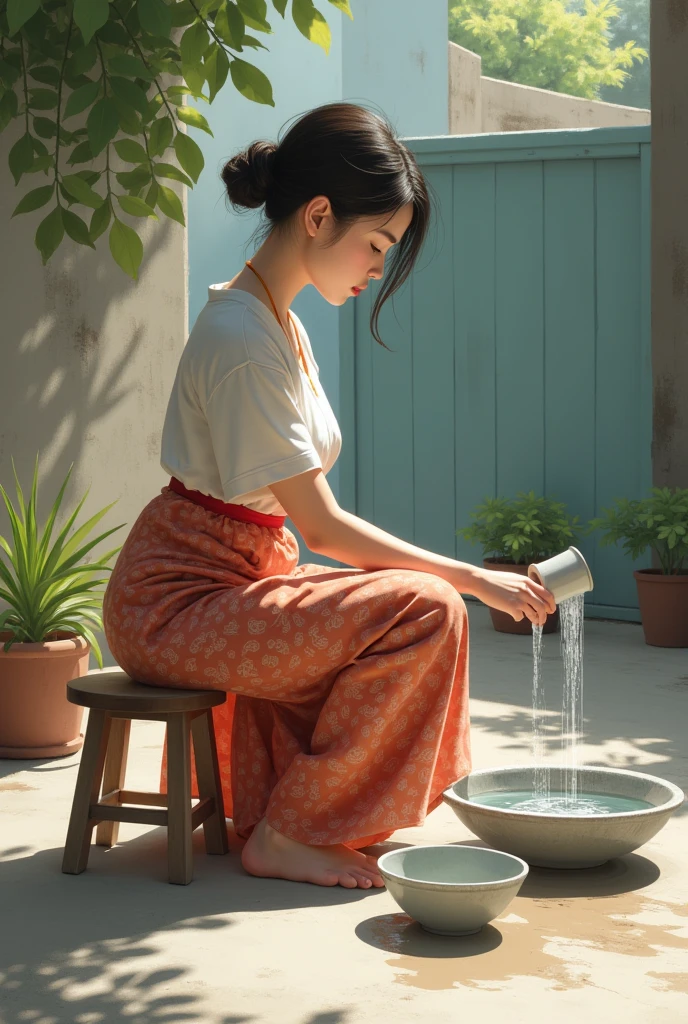 A serene scene of a 24-year-old woman with a soft, fair complexion and a curvy figure sitting on a small wooden stool. She is wearing a traditional patterned sarong and a modest top, kneeling while washing dishes in a simple outdoor setting. The concrete ground in the backyard is slightly wet, with water gently flowing into a basin. The atmosphere is peaceful and reflective, capturing the simplicity and beauty of everyday life