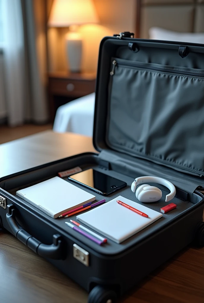 an open suitcase with some items inside it, agenda, a white notebook, cellphone, kindle device, alexia, colored ballpoint pens, a pad of paper, white headset, pen drive,