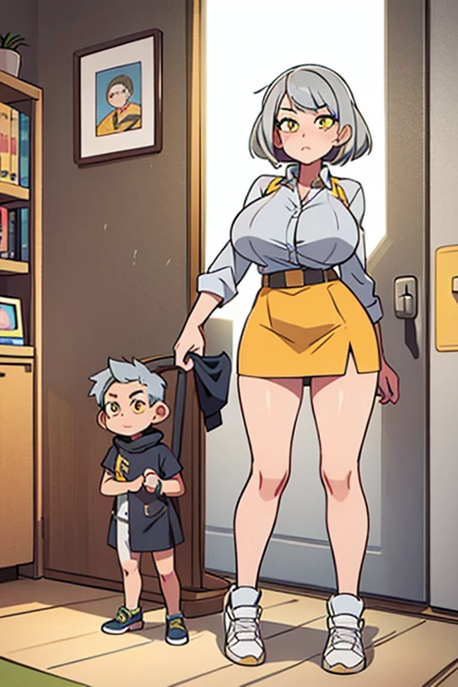 Tall girl with grey hair,long yellow eyes and big breasts and mini skirt