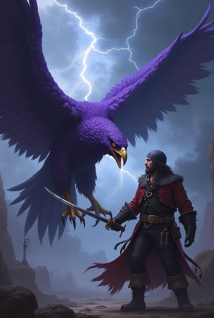 An evil purple eagle facing a pirate, the dark sky with lightning and smoke