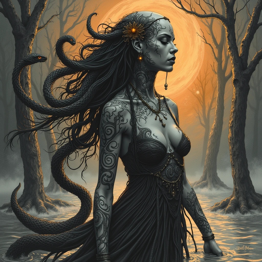 Medusa, splash page decompressed comic cover art, ink style figure, ((expressive Joelle Jones and "Sean Gordon Murphy" comic drawing)), wordless, cinematic poster, double exposure, optical illusion, image within image, abyss void black no visibility darkness, full length portrait, (background, pine barrens, entropy, rewilding, magic hour sunset, galaxy stars, cosmos), (horror, abstract, surreal, body, cosmic), candid, snake skin dress, morphology anatomy drawn Frederic Delavier musculature anatomical illustration, (face, ornate black metal corpse paint, resembles Grace Jones), (body, Naga, snakefolk, lower body snake tail, snake woman hybrid, bald, hairless, skeleton, snake skin tattoos, piercing eyes, snake pupils, over the shoulder), (colors, bleak muted deep fiery radiant glowing ROYGBIV, forest green, earth brown), craftsmanship nuance, (Gerardo Zaffino charcoal), subliminal orchids, nyctophobia, silhouette