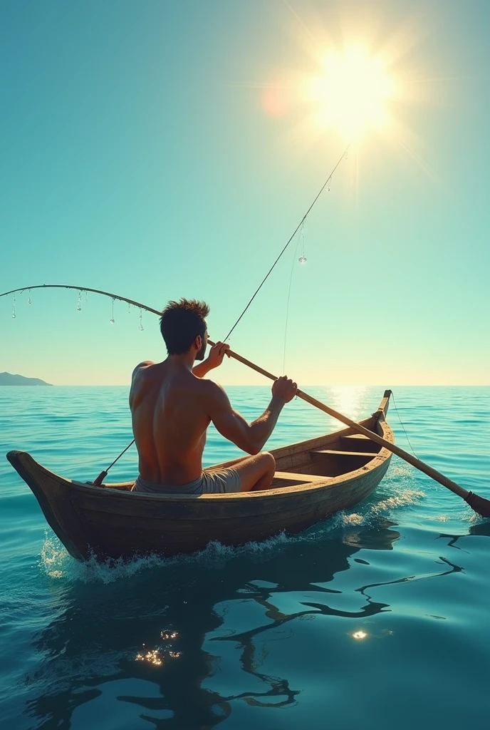 A fisherman in the middle of the sea, with the sun shining brightly, The fisherman is in his wooden boat and is rowing.