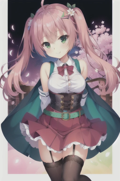 Photo of IOM, masterpiece, Highest quality, Put your arms behind your back, Dynamic pose, smile, Dynamic Angle, Garter Straps, Hair Clip, Long sleeve, Shoulder cutouts, Collared shirt, flower, corset, Neck bell, Red bow tie, Red Skirt, White shirt, Green Eyes, Pink Hair, Frilled Skirt, Medium chest, Low twin tails, Checked skirt, Sleeveless shirt, Removable sleeves, Black Hat, Black knee socks, Ahoge, Exposing shoulders, One person, hair ornaments, Virtual YouTuber, belt, vertical-striped shirt, Large Breasts,