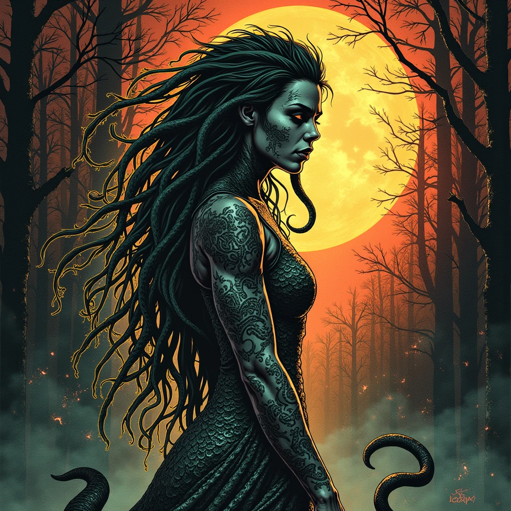 Medusa, splash page decompressed comic cover art, ink style figure, ((expressive Joelle Jones and "Sean Gordon Murphy" comic drawing)), wordless, cinematic poster, double exposure, optical illusion, image within image, abyss void black no visibility darkness, full length portrait, (background, pine barrens, entropy, rewilding, magic hour sunset, galaxy stars, cosmos), (horror, abstract, surreal, body, cosmic), candid, snake skin dress, morphology anatomy drawn Frederic Delavier musculature anatomical illustration, (face, ornate black metal corpse paint, resembles Grace Jones), (body, Naga, snakefolk, lower body snake tail, snake woman hybrid, bald, hairless, skeleton, snake skin tattoos, piercing eyes, snake pupils, over the shoulder), (colors, bleak muted deep fiery radiant glowing ROYGBIV, forest green, earth brown), craftsmanship nuance, (Gerardo Zaffino charcoal), subliminal orchids, nyctophobia, silhouette


