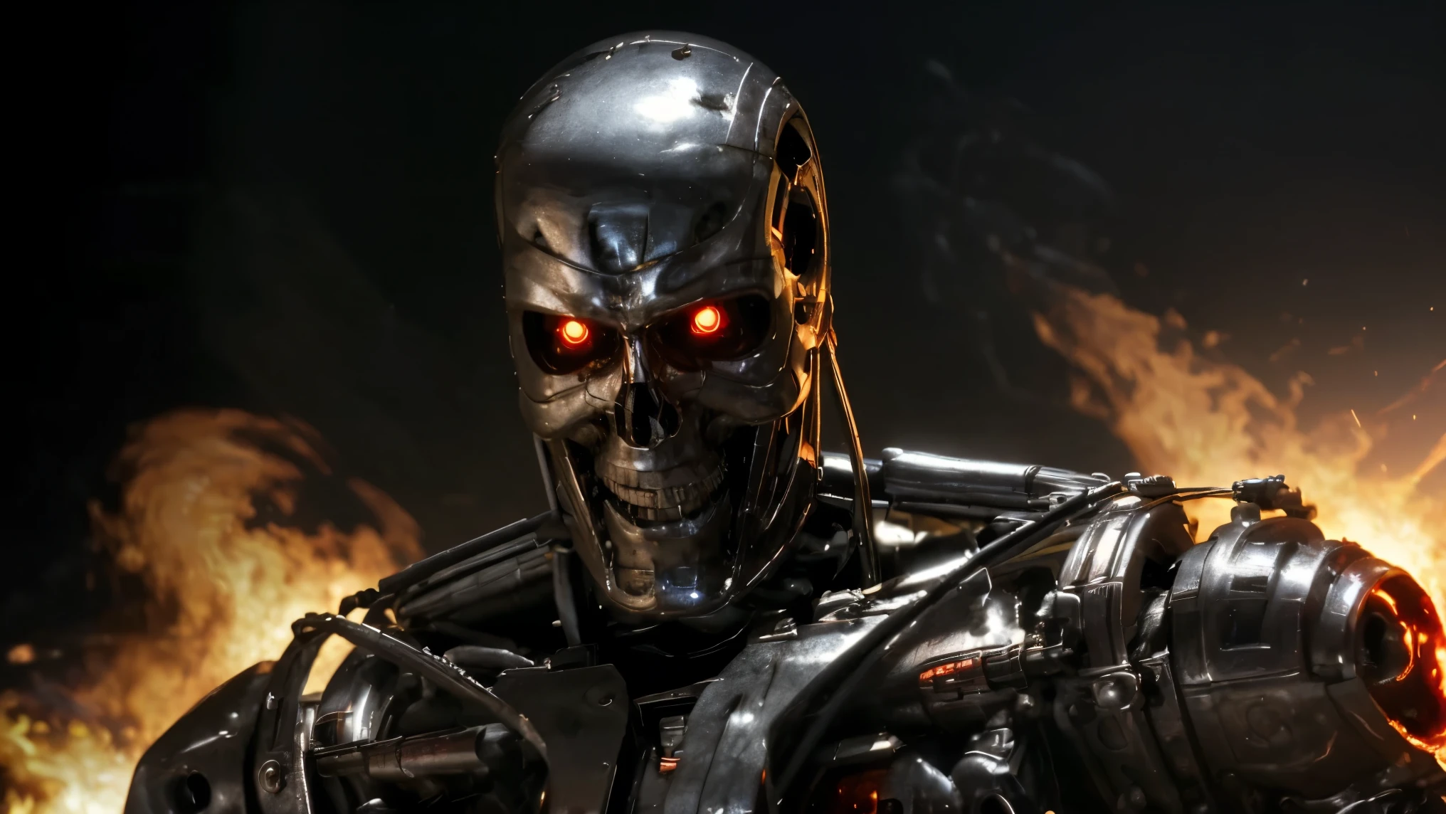 ((realisti, best quality, masterpiece: 1.3)), terminator, T-800, skeleton, red eye, Face close up, dark atmosphere, movieposter, CD-Cover, Cinema view, hellcore, sparks, smoke, upper body, dark, Apocalypse, bright, the explosion, Appearance of the album cover,