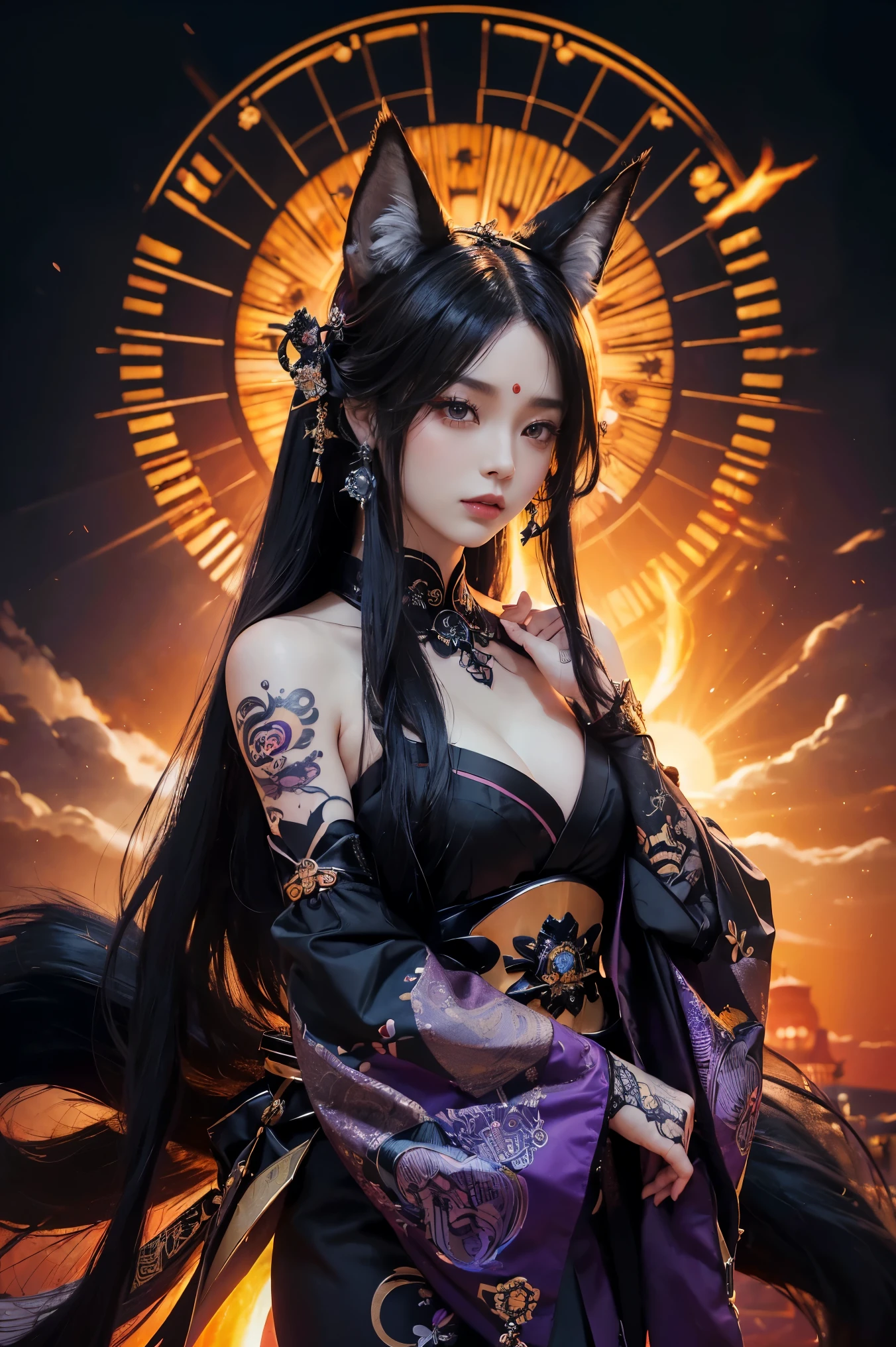 ( Absurdly , high quality , Very detailed,View Photographer)、(((Black Super Straight Hair、Fox ears and four tails)))、Queen of the Four-Tailed Fox、A luxurious black Japanese kimono and armor, beautifully adorned with intricate details.、Luxurious black attire modeled after the fox deity、hair ornaments、Earrings、Gloves、hose、tabi、geta、((Tattoo))、Queen of Queens、(masterpiece, 最high quality, 最high quality, Official Art, Beauty and aesthetics: 1.2), (One person: 1.3)、((Purple accent))、(((Sun and Sunwheel Background)))