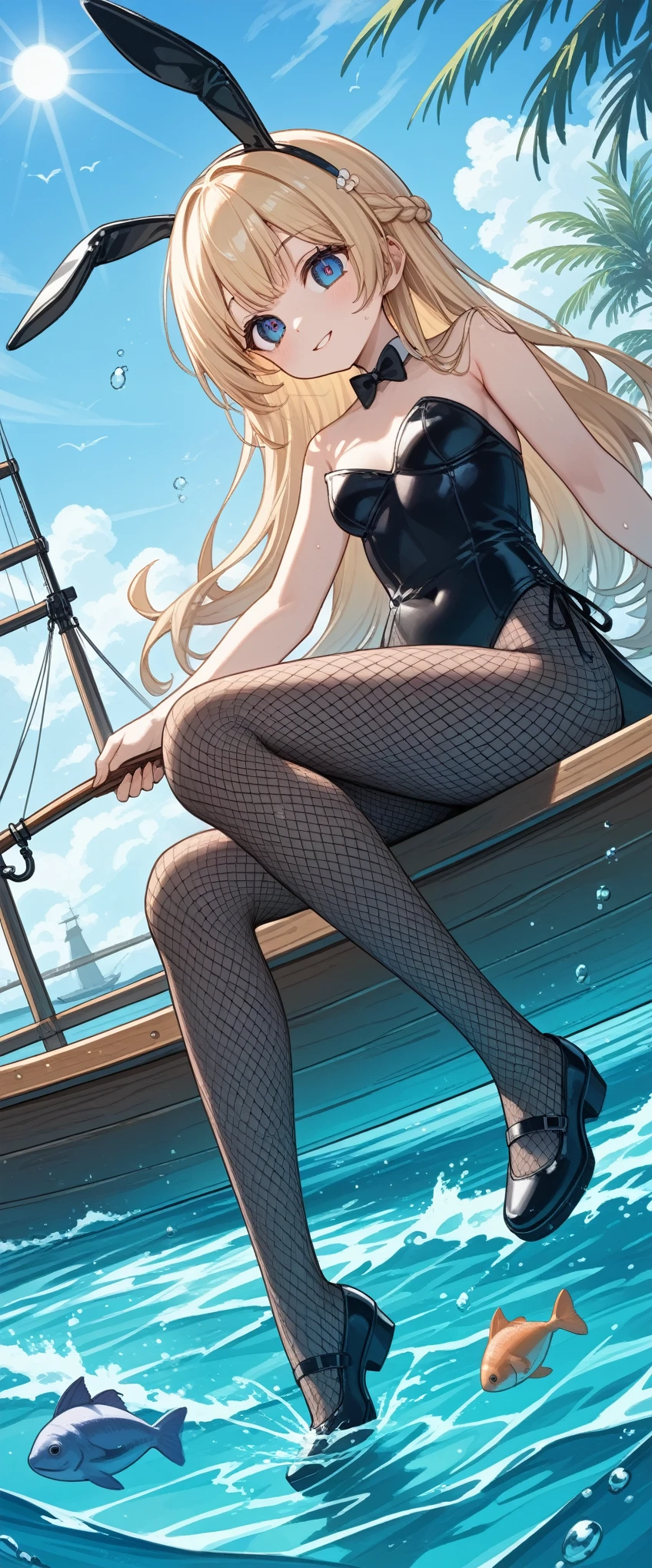 score_9, score_8_up, score_7_up, score_6_up, score_5_up, score_4_up, source_anime,source_furry,rating_safe,rating_questionable,masterpiece, best quality, perfect anatomy , very aesthetic , absurdres,solo, beautiful 1girl\(blonde hair, big eyes,cosmic eyes, fishnet tights, rabbit ears, black leather bunny suit\(reflecting light\), sitting on a small wooden boat, boring face, sweat, perky breast,full body\), the boat is equipped with a 1fishing rod, not a single fish is caught, the sea is extremely beautiful, crystal clear and the water is transparent,so many fishes you can find under the sea,sun shining, beautiful sky, sunlight pouring,from below,dynamic angle,cute pose