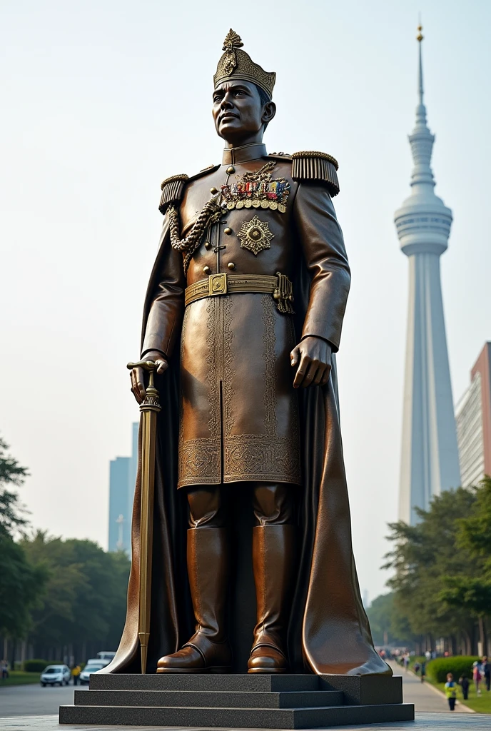 The statue should represent the modernity and power of King Rama X as the leader of the country, perhaps using sharp lines and modern materials. The statue should incorporate Thai artistic elements to convey the Thai identity and the bond between the King and his people. His Majesty is standing in full body, his right hand may hold the sword of victory or rest on his lap. His Majesty is dressed in full military regalia, perhaps using bronze or other durable and beautiful materials.