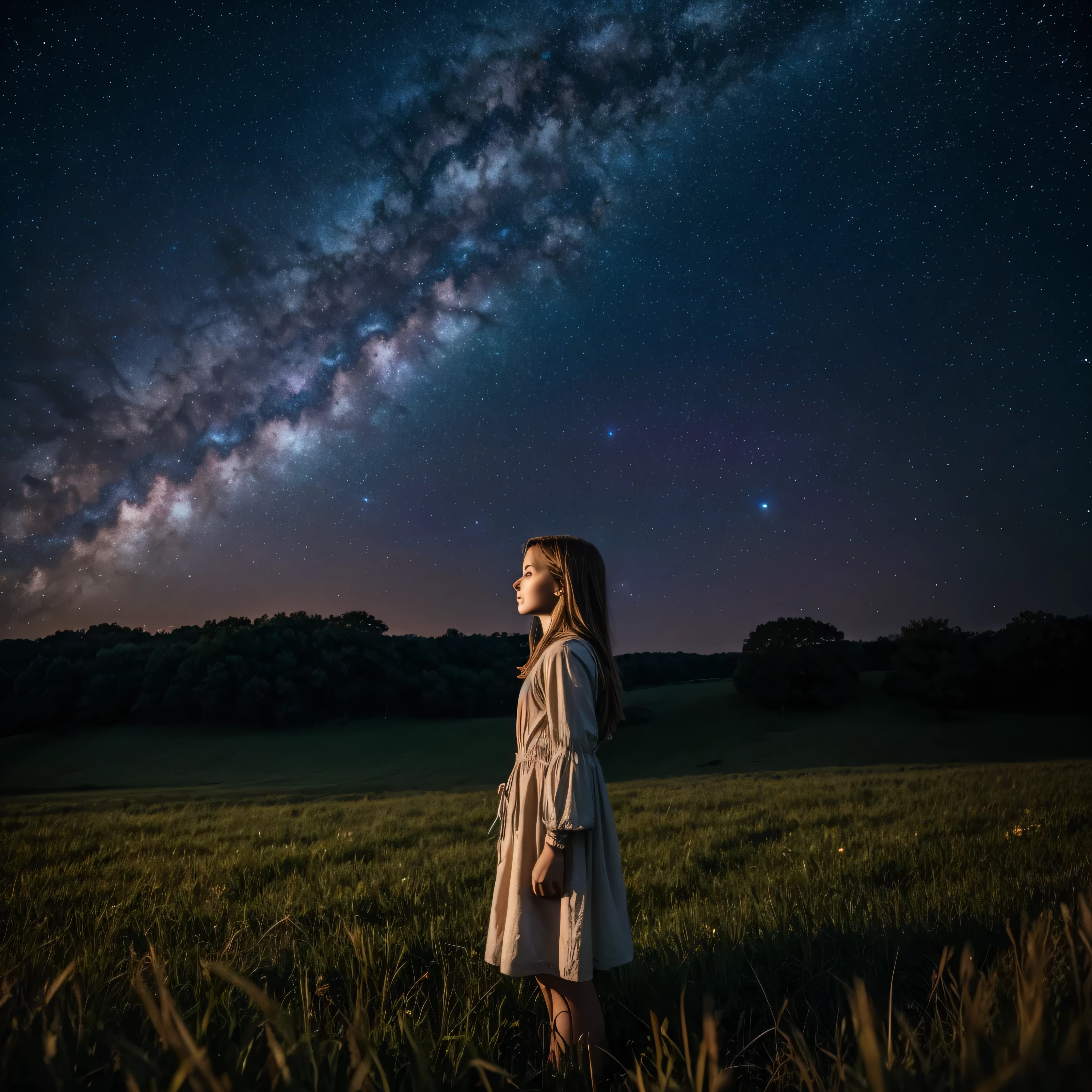 The girl stands in the field and looks at the galaxy, the stars, cinematic, film, realistic