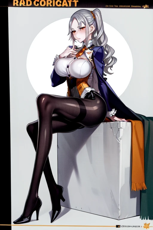 full body, solo, 1girl, looking at viewer,  silver hair, long coat, short dress,corset, pantyhose,red eyes,long hair, 
 braid right side ponytail, mature female, (masterpiece), detailed hands, detailed eyes, beautiful face, beautiful eyes, perfect hands, looking at the viewer, left hand resting in her chest, right and posing, orange eyeshadow 