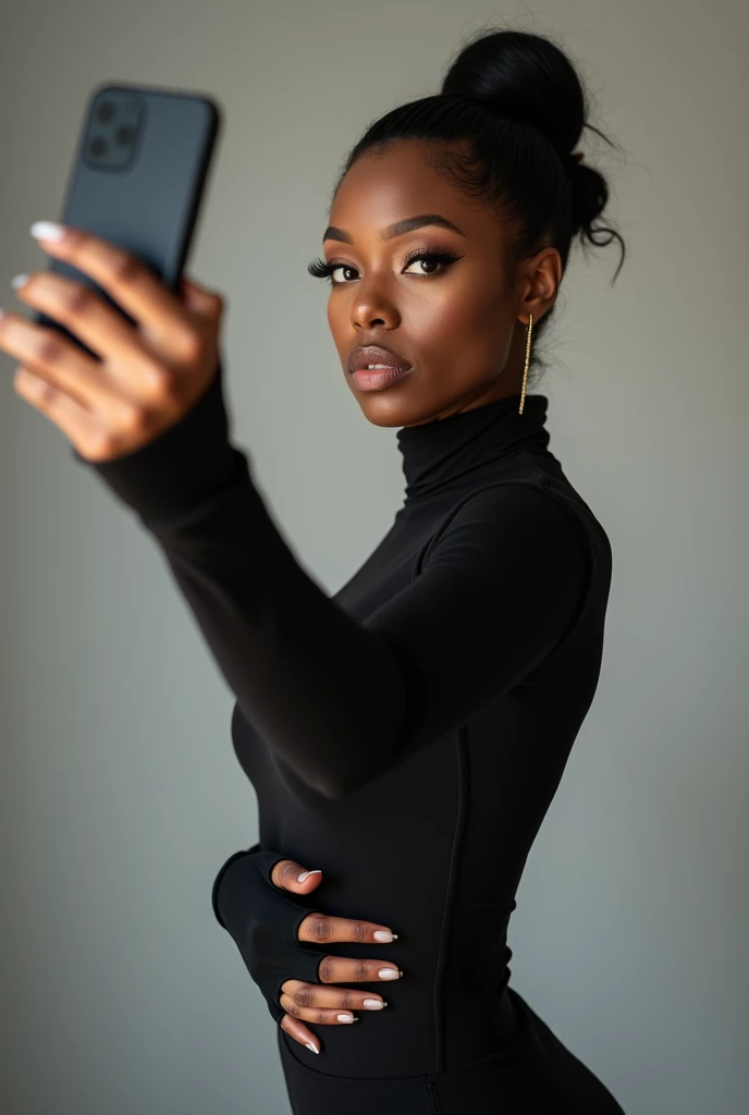 A beautiful black woman with a medium look and tight clothing taking a selfie