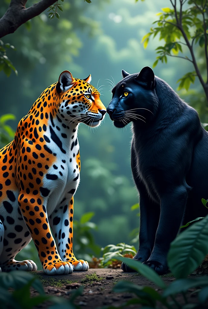 Two jaguars, one painted and the other black