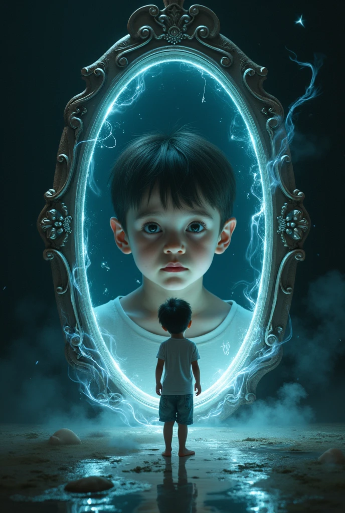 generates an image where a boy is absorbed by a mirror