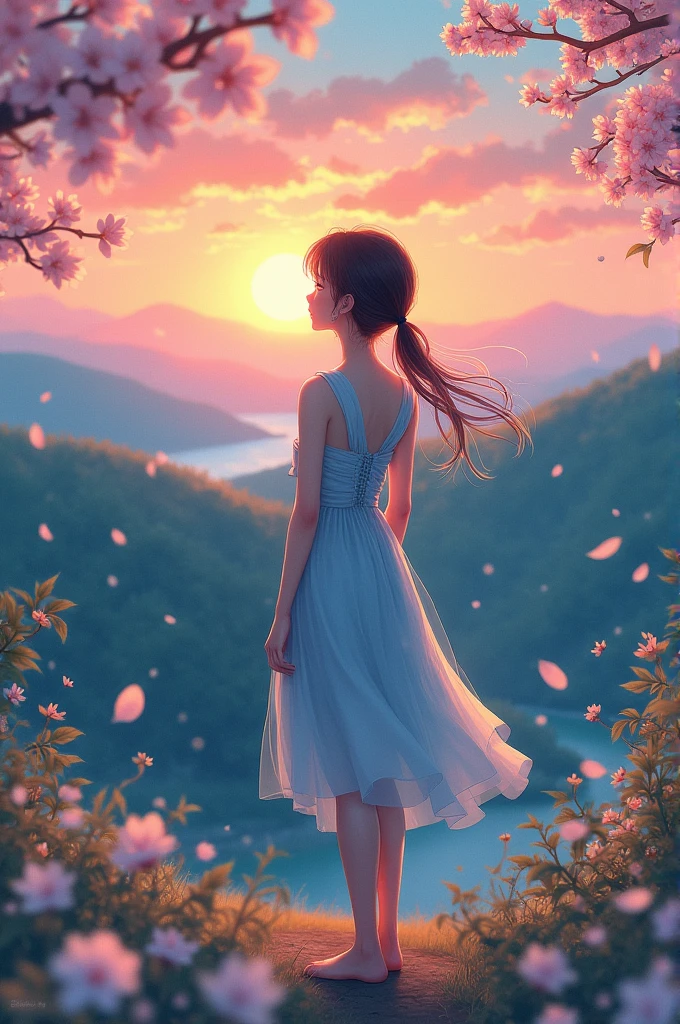 A drawing of a girl in a light blue dress with white flowers, watching the sunset from a viewpoint, falling cherry blossoms