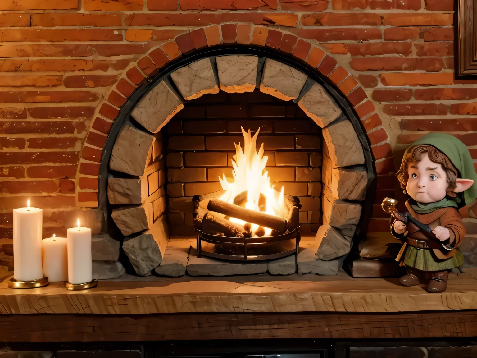 A cozy medieval stoned ROUNDED hobbit fireplace, a little statue of smeagle, a little statue of hobbit holding a sword, a hobbit LOR candle with ring, a cozy hobbit dor addornment, fantasy, magic, 8k quality
