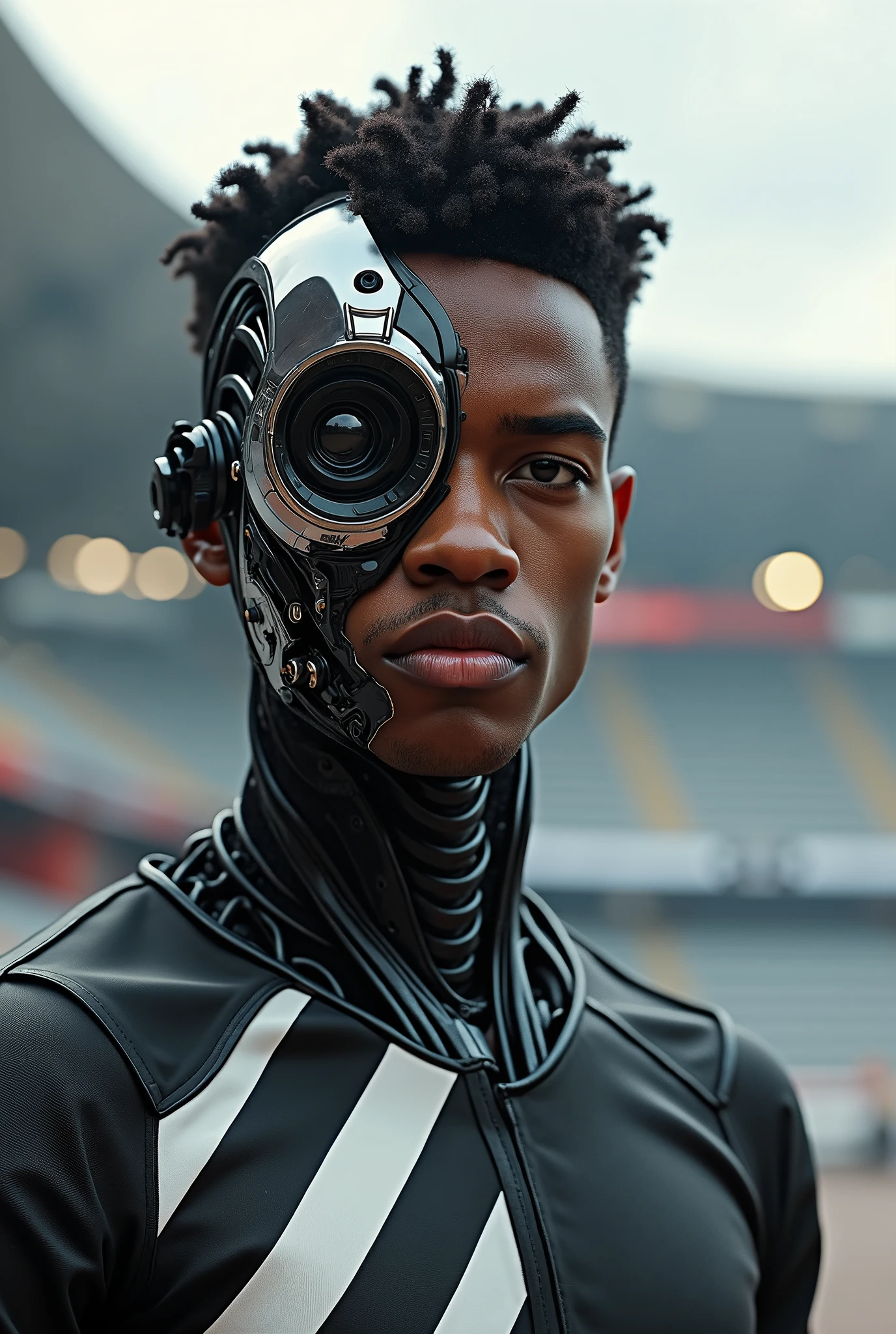 Create an image of a cyborg young man, Afro-Portuguese descent cyborg man, part of your face will be a machine, man looking to camera, hyperrealistic, intricate cyberpunk robot, art by moon crypto wow and popular science, in İstanbul, Besiktas, Besiktas Stadium background, Black White Stripped shirt