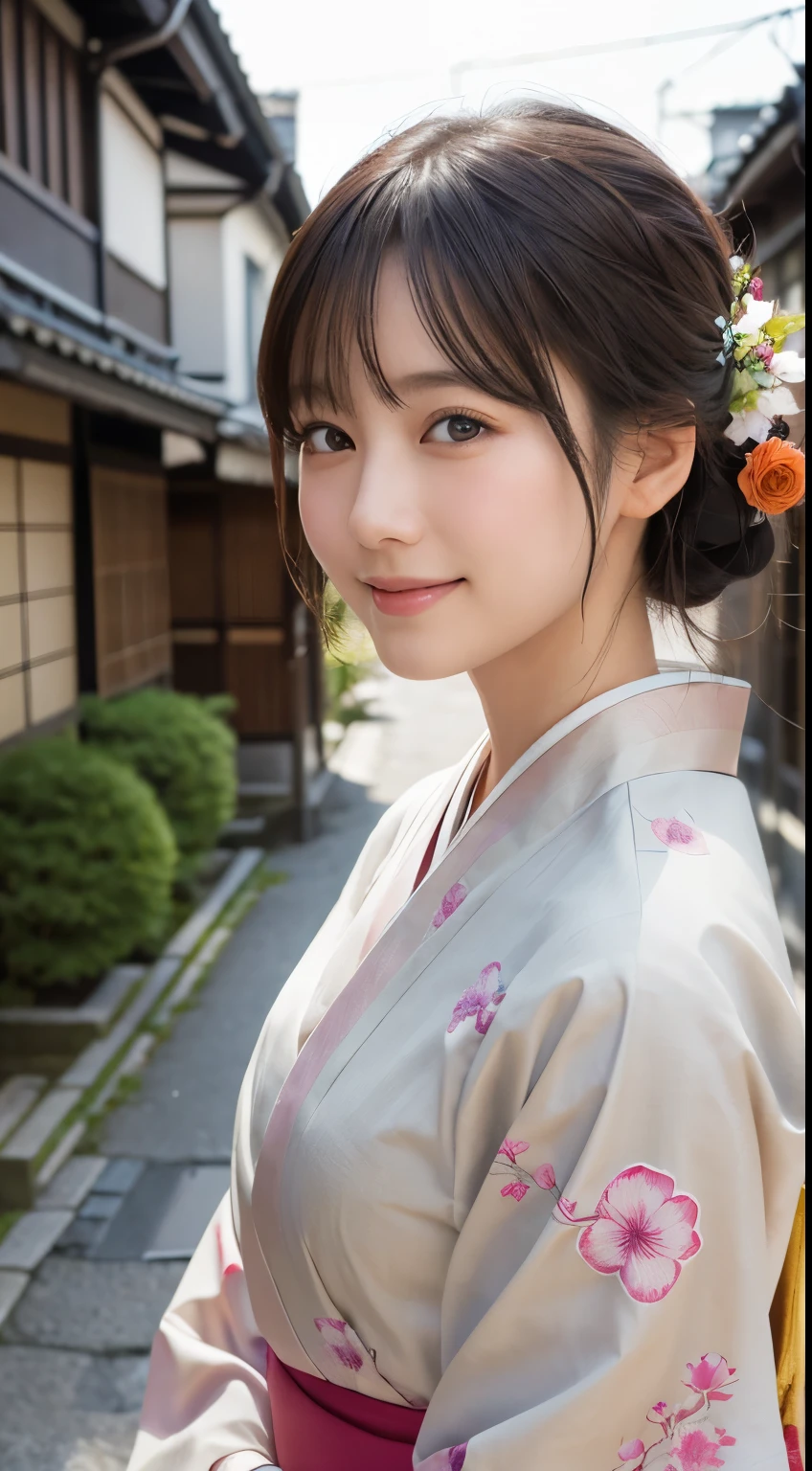 Professional Lighting,(Photorealistic:1.4), (Top image quality:1.0), (超High resolution:1.0), 8k, Raw photography, (masterpiece:0.2), (Facing the children_v1:0.5)、(最高quality Detail:1.2)、Realistic、8k UHD、High resolution、(1 person:1.2)、超detailedな、High quality textures、複雑なdetailed、detailed、Very detailed CG、High quality shadows、detailed 美しく繊細な顔、Beautiful details and a delicate eye、(Symmetrical eyes:1.2),Written boundary depth、Ray Tracing,1 person, Japanese, (Natural smile:1.4),cute, thin, Portrait of a beautiful Japanese woman in a kimono, Standing elegantly on a street corner in Kyoto. Kimono with vibrant traditional patterns, Hair decorated with elegant and delicate hairpins, Gentle expression. (With the old streets of Kyoto in the background:1.4)、The soft light of a spring afternoon、Adding tranquility to the scene. Rendered in a Realistic style with great attention to detail, High resolutionの画像.Sky Porn, Magic Hour, (Realistic:1.3), finely, quality, (Tabletop:1.2), (Realistic:1.2), (最高quality), (複雑なdetailed), dramatic, Ray Tracing, photograph, +roller