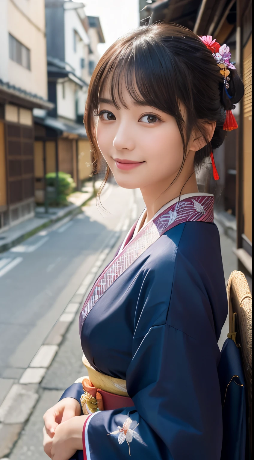 Professional Lighting,(Photorealistic:1.4), (Top image quality:1.0), (超High resolution:1.0), 8k, Raw photography, (masterpiece:0.2), (Facing the children_v1:0.5)、(最高quality Detail:1.2)、Realistic、8k UHD、High resolution、(1 person:1.2)、超detailedな、High quality textures、複雑なdetailed、detailed、Very detailed CG、High quality shadows、detailed 美しく繊細な顔、Beautiful details and a delicate eye、(Symmetrical eyes:1.2),Written boundary depth、Ray Tracing,1 person, Japanese, (Natural smile:1.4),cute, thin, Portrait of a beautiful Japanese woman in a kimono, Standing elegantly on a street corner in Kyoto. Kimono with vibrant traditional patterns, Hair decorated with elegant and delicate hairpins, Gentle expression. (With the old streets of Kyoto in the background:1.4)、The soft light of a spring afternoon、Adding tranquility to the scene. Rendered in a Realistic style with great attention to detail, High resolutionの画像.Sky Porn, Magic Hour, (Realistic:1.3), finely, quality, (Tabletop:1.2), (Realistic:1.2), (最高quality), (複雑なdetailed), dramatic, Ray Tracing, photograph, +roller