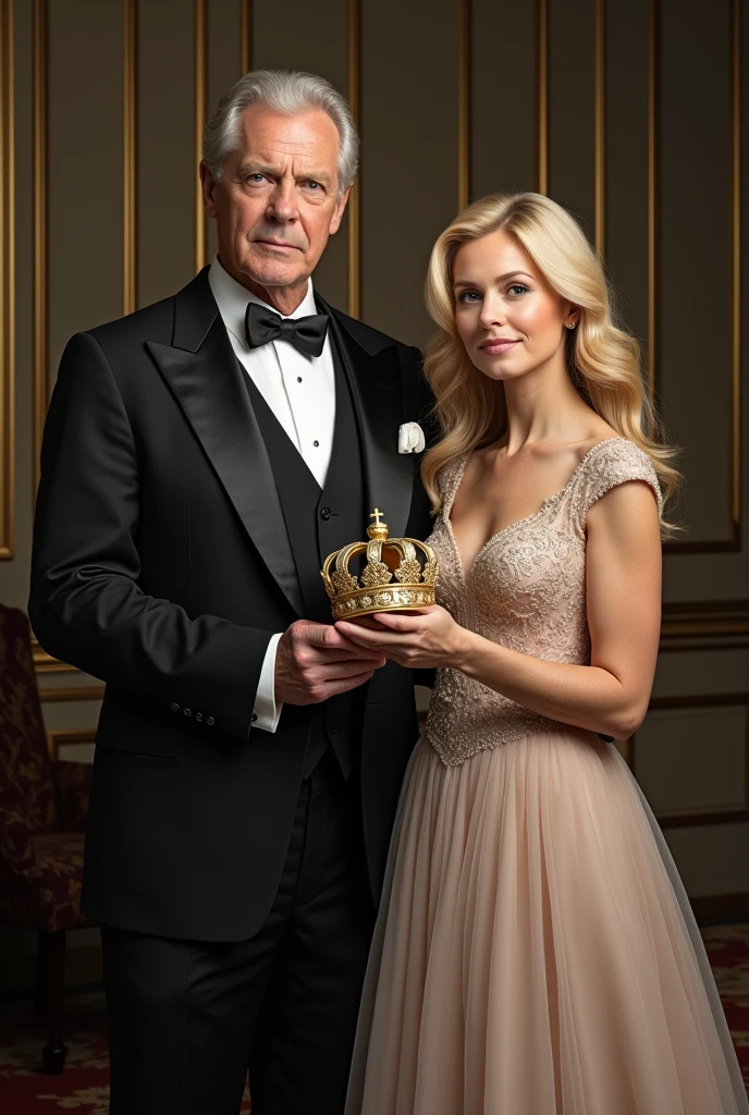 A father in a suit with a crown in his hand and his blonde wife in a very elegant dress 
