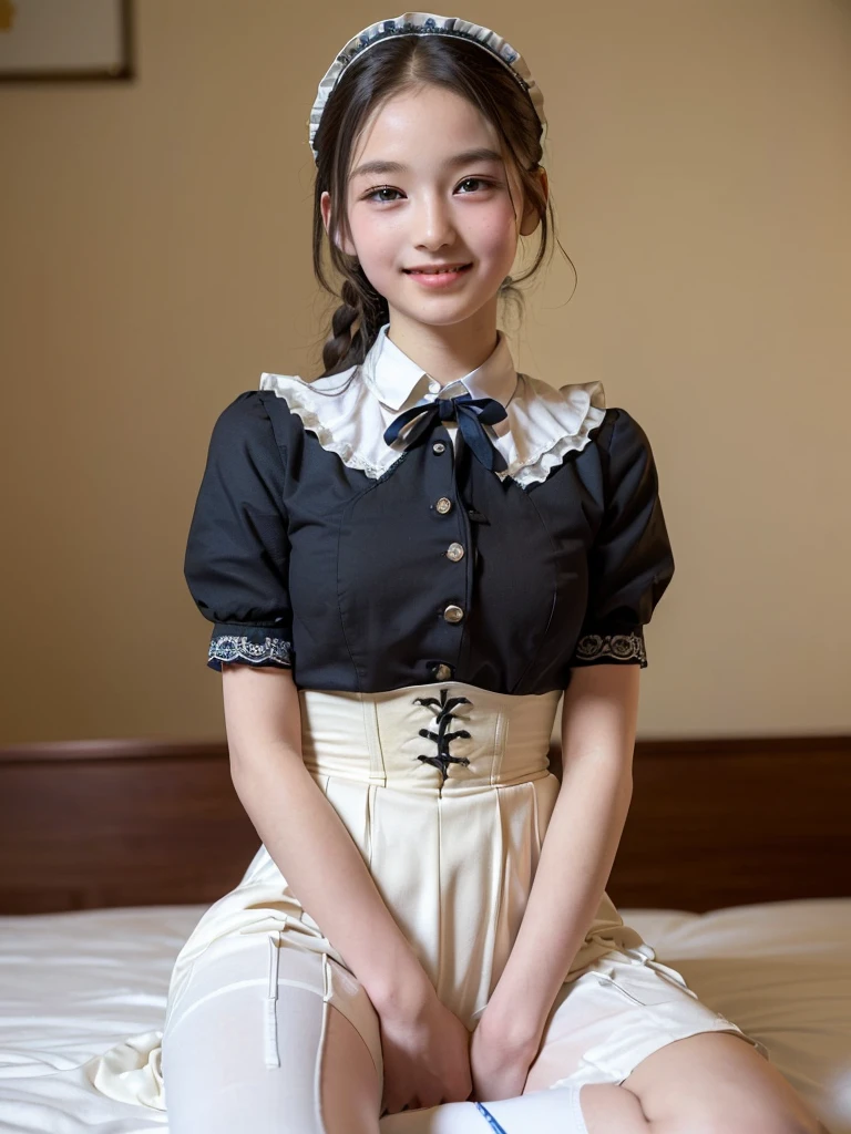 (Highest quality:1.5)、(masterpiece:1.5)、(8k:1.5)、((Elementary school student appearance:1.7))、(Flat Chest)、(Victorian tight maid uniform:1.5)、Braid、Angle from below、smile、(The background is the hotel:1.7)、whole body、Underbust corset、Hotel Bed、(Cowboy Position:1.5)、(Sit with your legs apart:1.5)