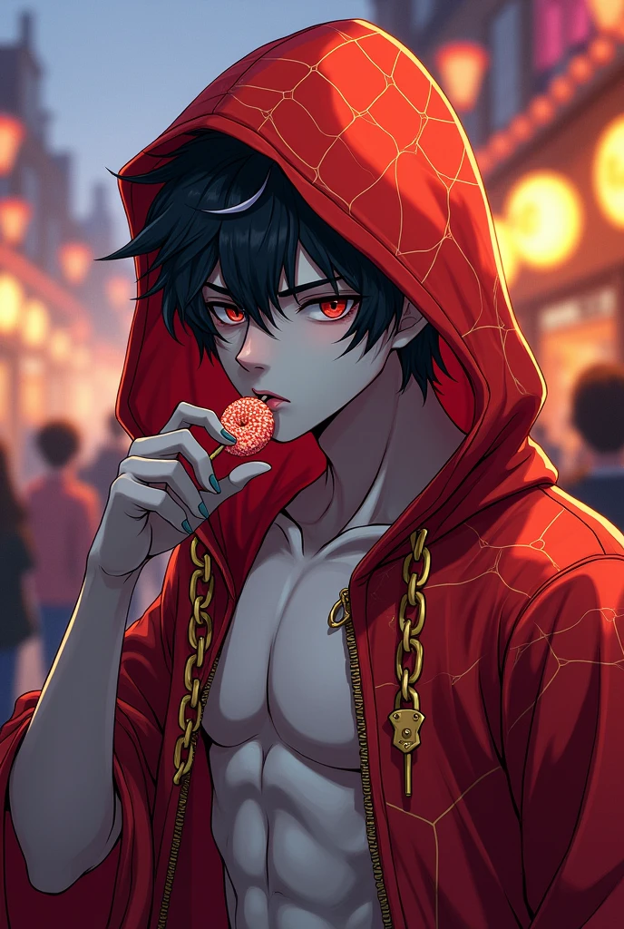 A teenage male he is wearing a red hooded cape with web details The cape is being held by a gold chain that runs on both sides of the hood his skin is completely greenish-white, his lips are gray and he is not wearing a shirt, showing his muscular body. His eyes are black with red, your hair is black but in the front it is white. On his right shoulder he has a little hand He is at a Halloween festival eating Halloween candy. The image has to be in hot anime.