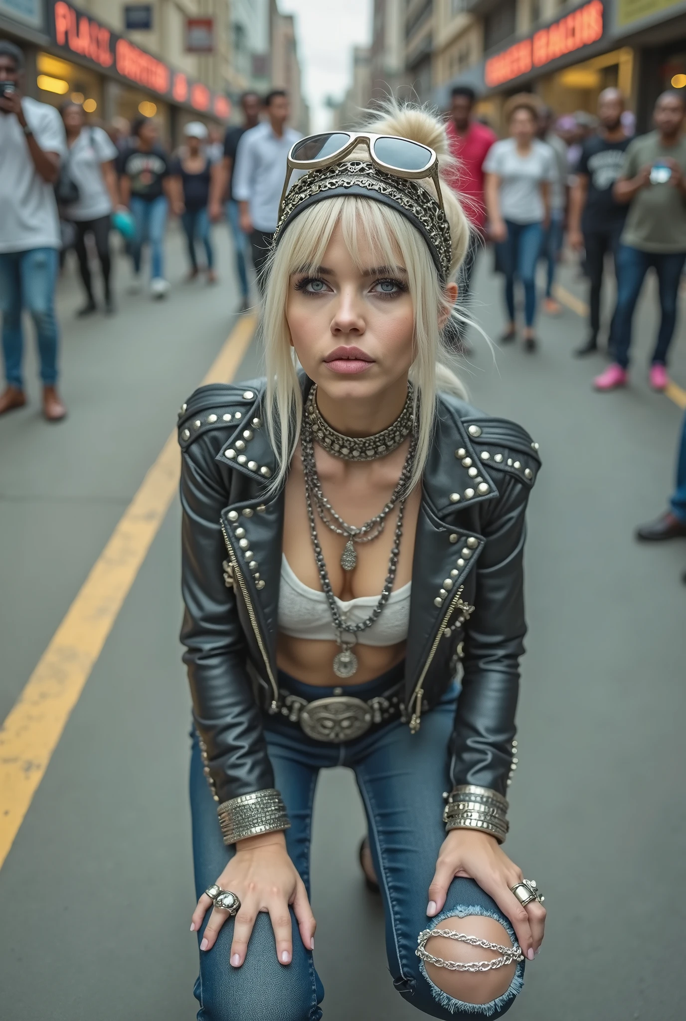 russian old milf woman, blonde platinum hair (beehive top bun) and oversized square sunglasses as headband), with very light blue eyes, extremely pale. Wearing studded cropped black moto jacket (skull embroidered on the sleeve), dark grey embroidered push up bra, dark skinny low rise blue jeans with patched holes on knees . Lots of thick wide studded bracelets, chain collars and big rings. Tacky wide studded leather belt with big eagle oval buckle. Long earrings with chains. Kneeling, craving for the ice cream of the photographer. Hands down, showing off bracelets and rings. Looking at the camera, Toned abdominals, thin neck, slim legs and thin arms. Narrow hips. Crowded street of Nairobi