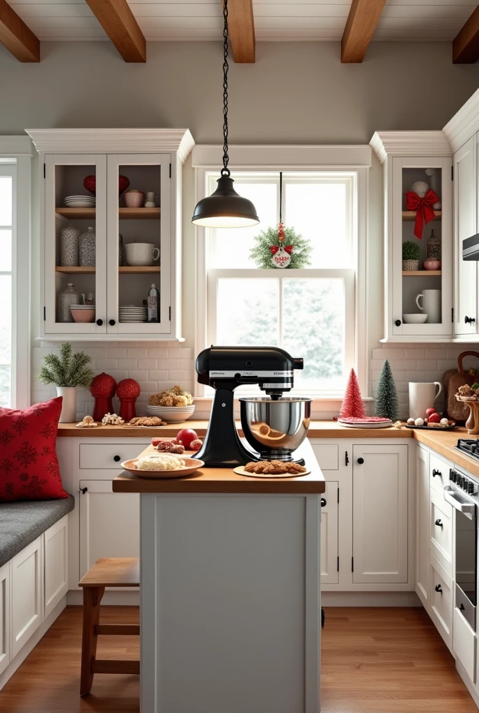 Please create an image of a photographic scene of a kitchen decorated for Christmas with white and red colors and some utensils in red or black., in the background there is a cabinet with three glass doors, a shelf and three more doors underneath, next to this cabinet there is a bench, on the other side there is another vertical cabinet without doors with three shelves, in the middle of the kitchen there is a narrow island almost like a table where gingerbread cookies are prepared and on top of this island there is a black Kitchen Aid mixer. The kitchen only has a view from the front, has no side part. The cabinets are white with light brown wood details..