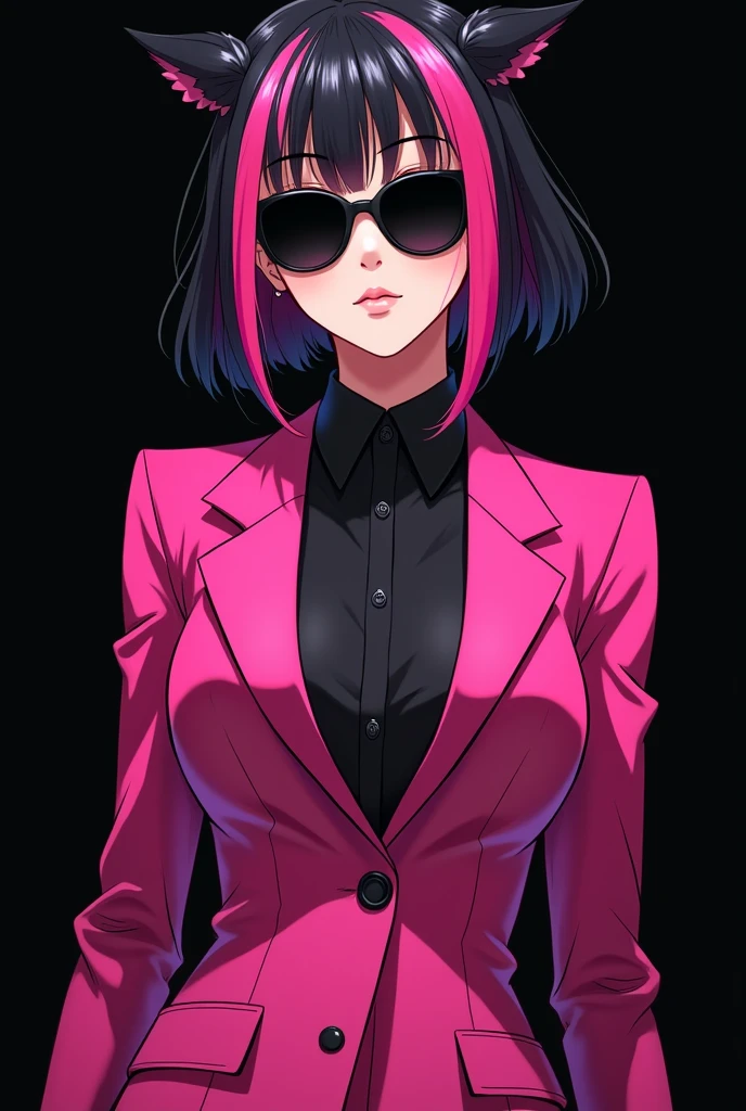 20 years old Anime girl with black and pink hair, wearing pink tuxedo and black shades, black background