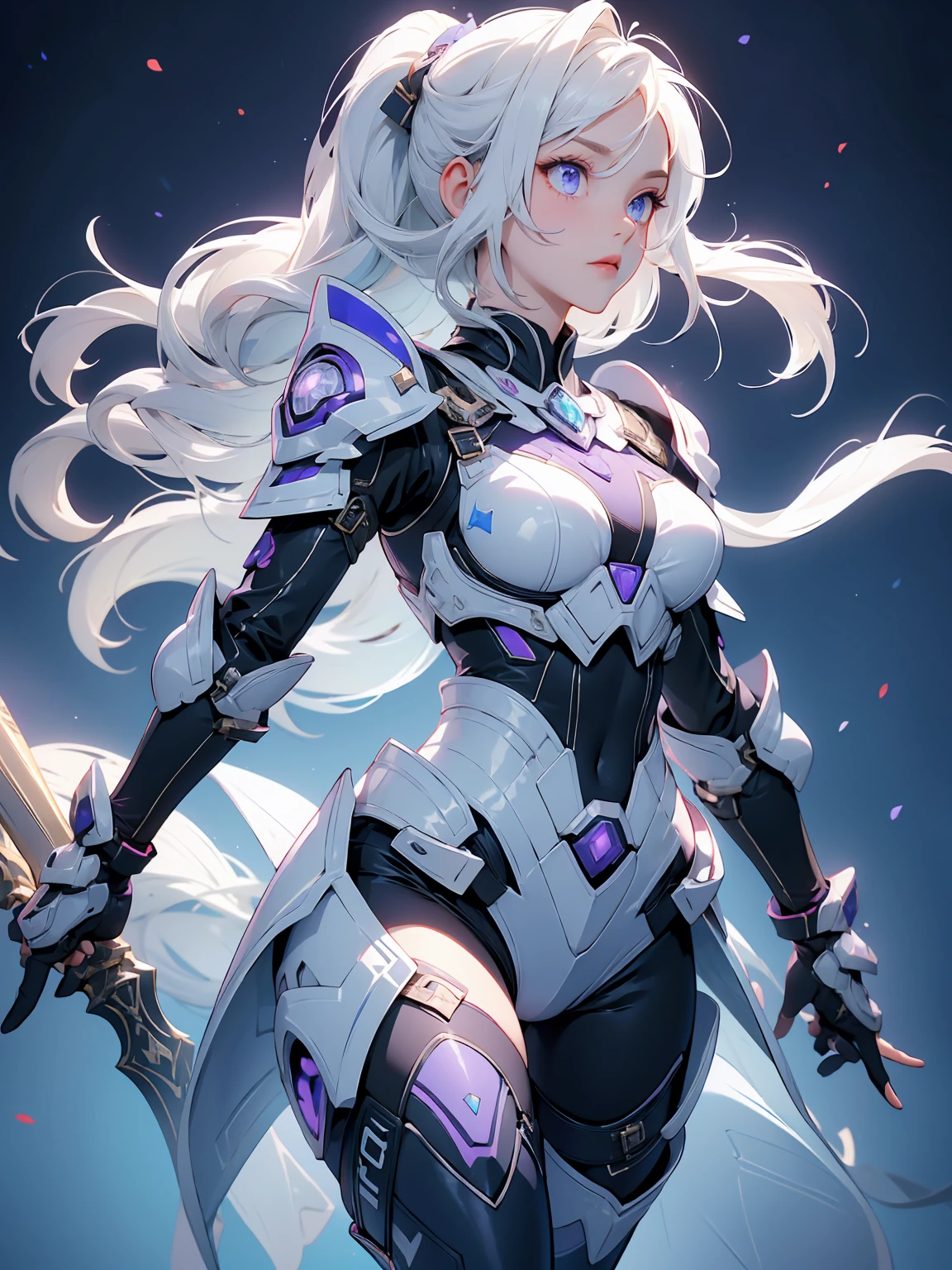 ((Best Quality)), ((Masterpiece)), ((Realistic)) slender, cute girl with medium-length white hair and vibrant purple eyes. She wears a tight-fitting, sleek suit with high-tech boots and chestplates. The outfit includes matching vambraces, all in a futuristic, high-tech design. She wields a high-tech sword, adorned with glowing lights along the blade and hilt. The girl's expression is calm and focused, complementing her stylish, advanced gear.