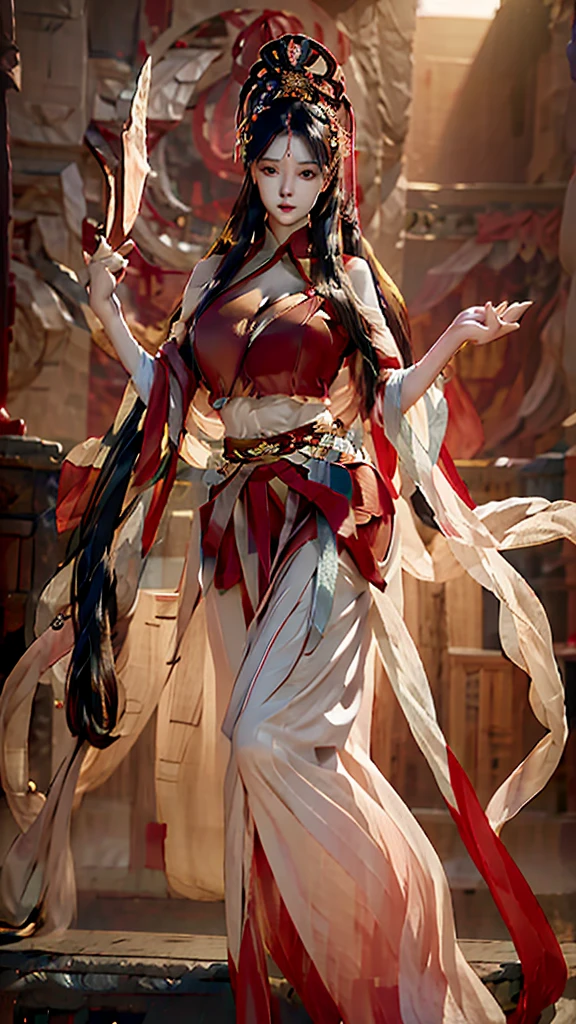 best quality,masterpiece,Ultra-high resolution,photoactual:4：0,Demon World,dark clouds all over, tornado,An iron fan princess,long flowing hair,Handsome and handsome face,sharp eyes,Big breasts,thin waist,Charming and slender,Wearing a stunning red and black outfit,Holding a giant palm leaf fan