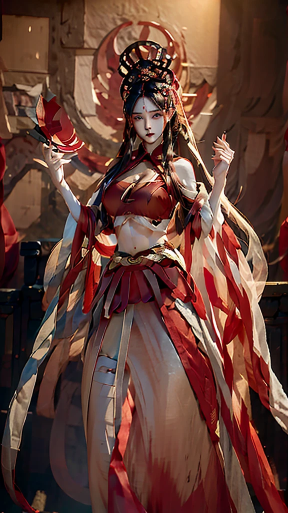 best quality,masterpiece,Ultra-high resolution,photoactual:4:0,Demon World,dark clouds all over, tornado,An iron fan princess,long flowing hair,Handsome and handsome face,sharp eyes,Big breasts,thin waist,Charming and slender,Wearing a stunning red and black outfit,Holding a giant palm leaf fan