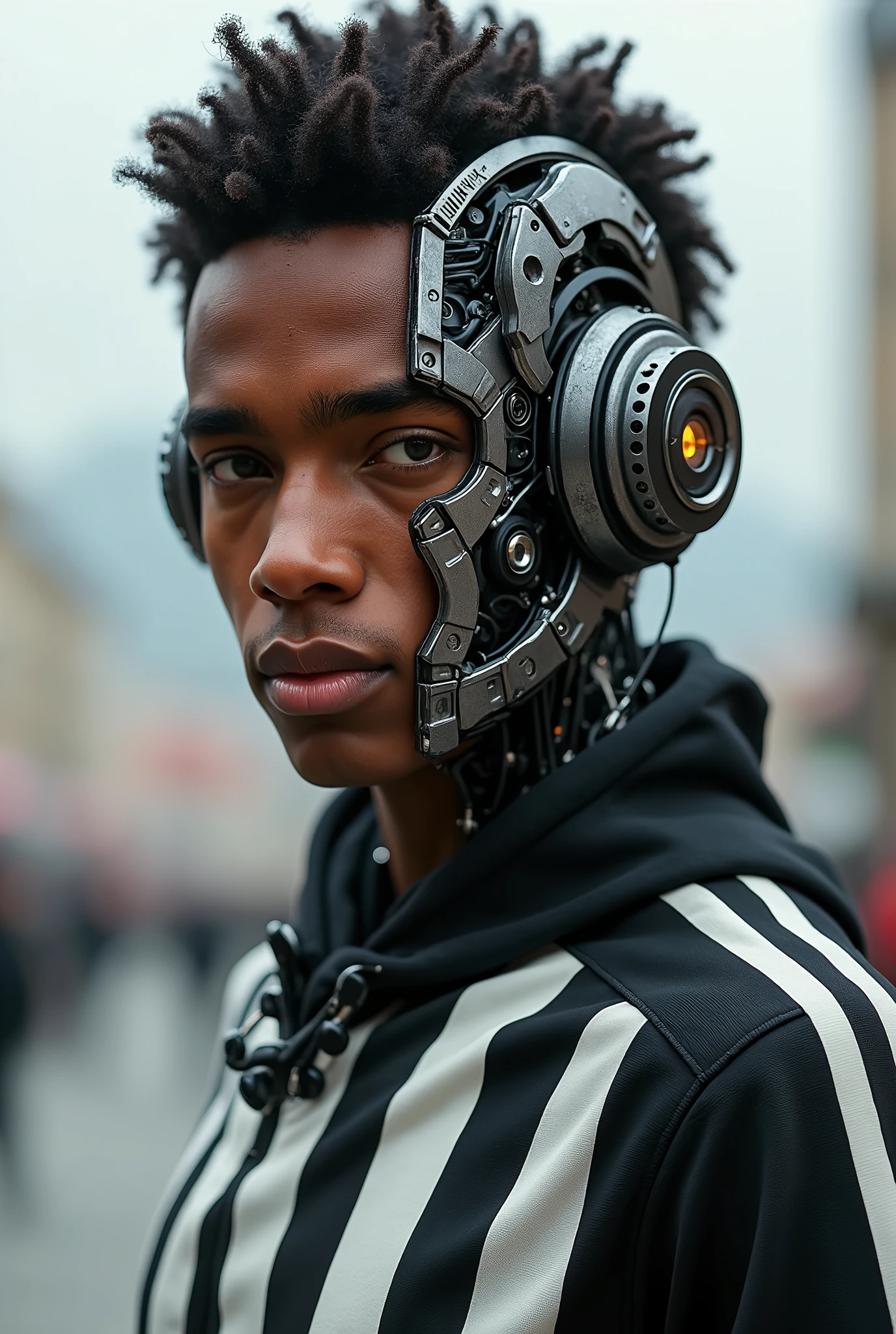 Create an image of a cyborg young man, Afro-Portuguese descent cyborg man, part of your face will be a machine, man looking to camera, hyperrealistic, intricate cyberpunk robot, art by moon crypto wow and popular science, in İstanbul, Besiktas, Besiktas Stadium background, Black White Stripped shirt