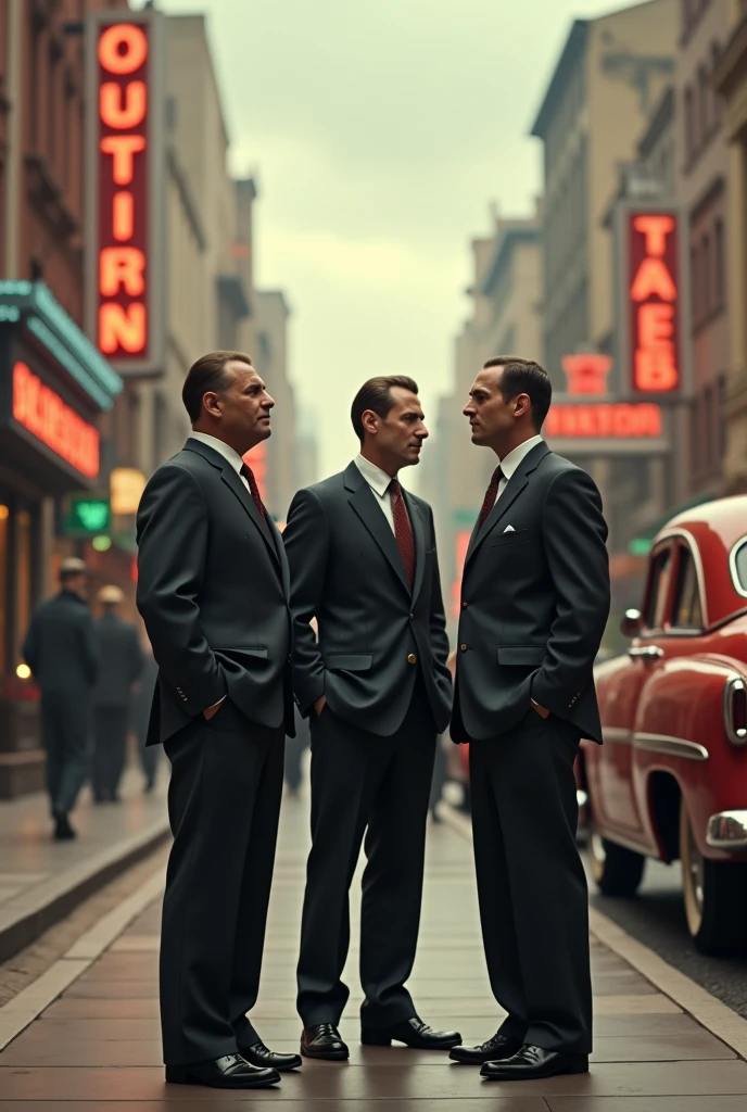 Create a scene set in the 50s where there are 3 men seen from afar talking without hats