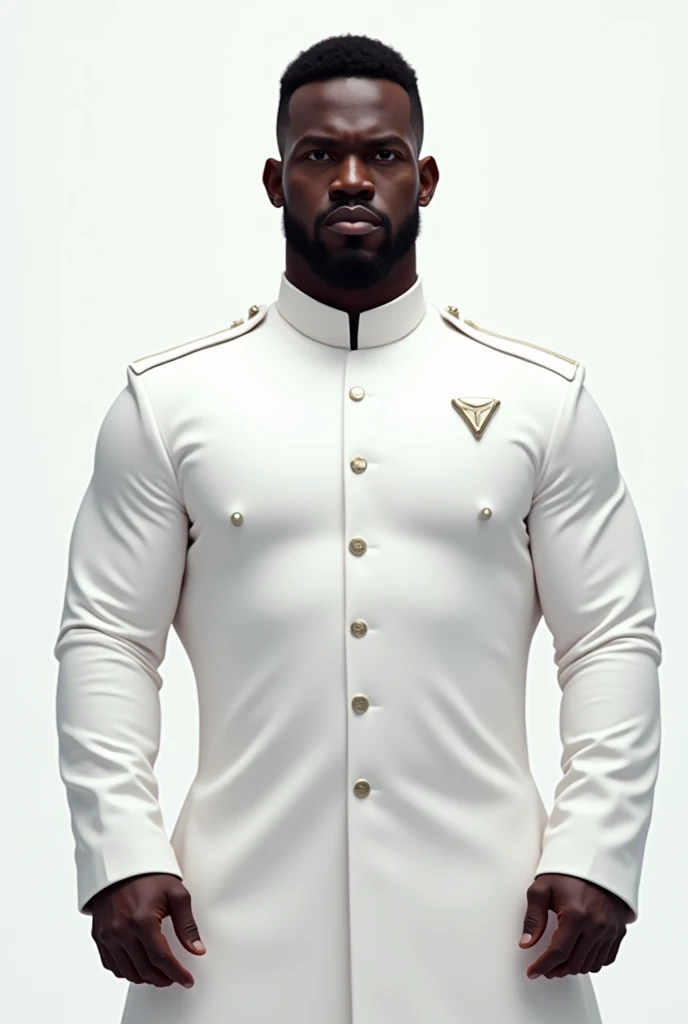 dark-skinned man with big back, small eyes and small mouth, big nose making face in white uniform