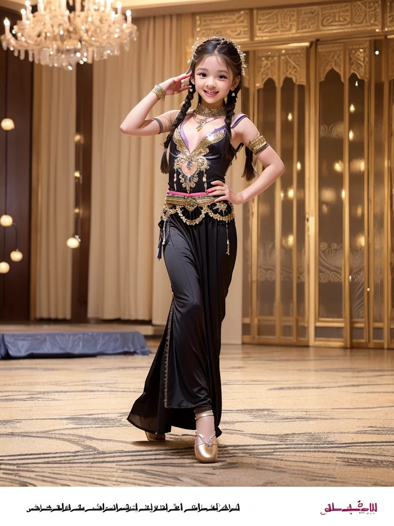 (Highest quality:1.5)、(masterpiece:1.5)、(8k:1.5)、(( appearance:1.7))、(Flat Chest)、(arabic dancer costume:1.5)、Braid、Angle from below、smile、(The background is the hotel:1.7)、whole body、Hotel Bed
