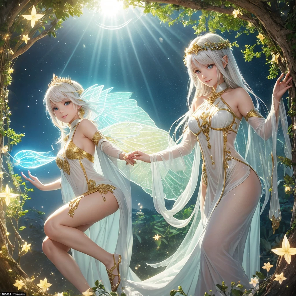"A Luminous Fairy, a radiant being who harnesses the power of light and hope. She has flowing golden or white hair, with wings that shimmer like transparent prisms, reflecting light with a celestial glow. Her eyes are bright and shining, radiating warmth and compassion. She appears to be in her late 20s, though her true age remains unknown. Her attire is elegant and moderately revealing, adorned with light-infused patterns that exude a divine and heavenly aura. Her expression is warm and nurturing, with a gentle, reassuring smile and eyes that convey a deep sense of kindness. Luminous Fairies are born from particles of light in places blessed by the sun or stars, embodying the essence of hope and healing."

