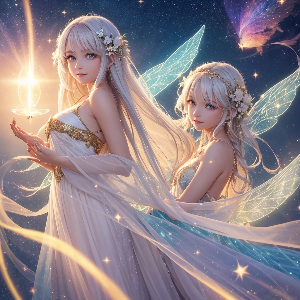 "A Luminous Fairy, a radiant being who harnesses the power of light and hope. She has flowing golden or white hair, with wings that shimmer like transparent prisms, reflecting light with a celestial glow. Her eyes are bright and shining, radiating warmth and compassion. She appears to be in her late 20s, though her true age remains unknown. Her attire is elegant and moderately revealing, adorned with light-infused patterns that exude a divine and heavenly aura. Her expression is warm and nurturing, with a gentle, reassuring smile and eyes that convey a deep sense of kindness. Luminous Fairies are born from particles of light in places blessed by the sun or stars, embodying the essence of hope and healing."