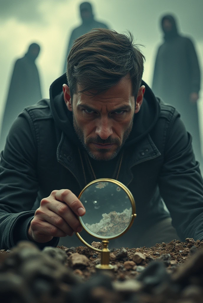 A man looking through a magnifying glass looking straight ahead.  Scenario completely destroyed with the Illuminati and the Antichrist seated in power