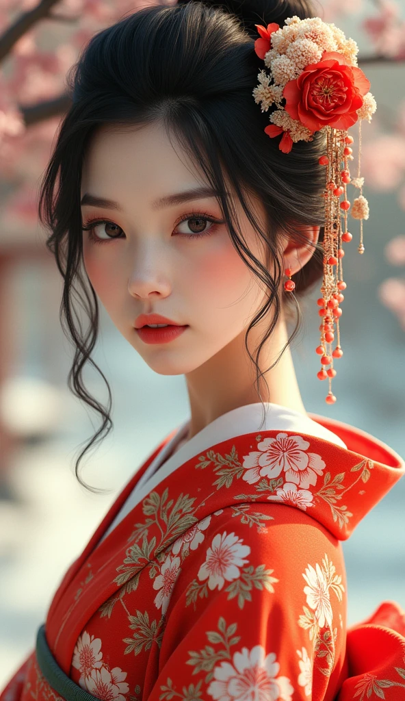 A beautiful young woman wearing brightly colored Japanese clothing、A charming expression、Japanese clothing with red floral pattern on a white background、A peerless beauty created by CG、Full Body Shot、background、Shrines and temples、Ukiyo-e style Japanese painting、