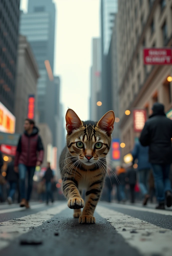 (photorealism:1.2), an cat´s invasion in New York walking between the people