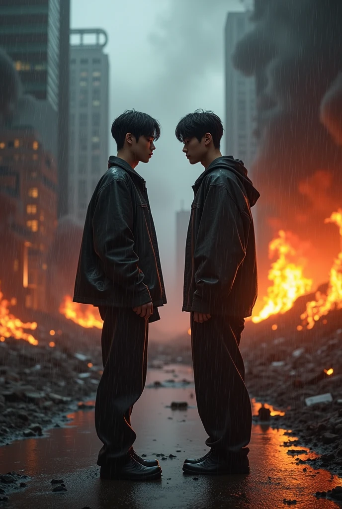 Jungkook and Taehyung in the rain in a burning city 