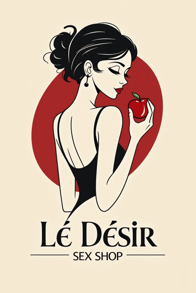O logotipo do "Le Désir Sex Shop" must be simple and refined, with a minimalist aesthetic. At the heart of design, a stylized female figure is represented in an abstract way, with delicate and fluid lines. She holds a red apple in one hand, symbolizing temptation. The woman's face displays a slight smile, hinting at a touch of seduction. the name "Le Désir Sex Shop" should be embedded in a modern and elegant font, using a color palette restricted to deep red and black. Design should be clean and straightforward, conveying a sense of mystery and desire in a subtle way, maintaining sophistication and elegance as main elements.