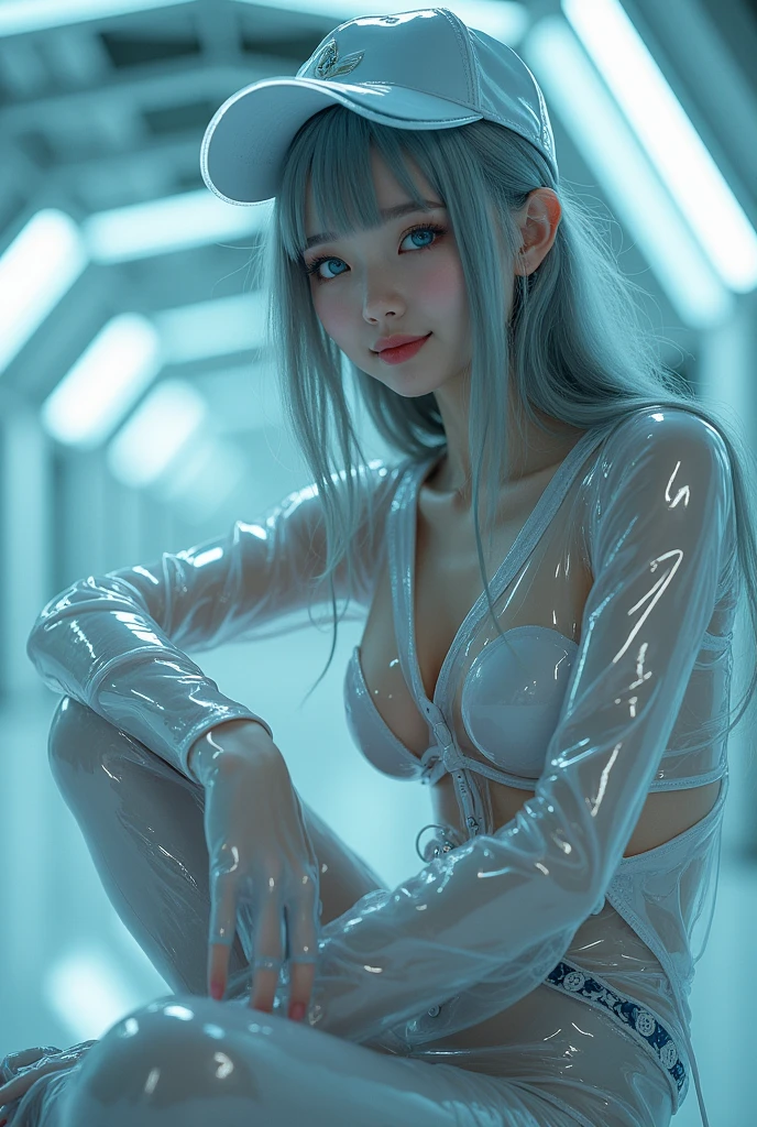 A masterpiece of the highest quality in high definition. Depict a mysterious and sophisticated young Japanese fashion model with ultra-realistic, avant-garde blue eyes. She wears a futuristic, sexy outfit made from clear, transparent latex. The outfit includes an oversized hoodie, long sleeves with reflective patterns, transparent leggings, an enamel belt, latex gloves, and ankle-length boots with chunky soles. She also wears a clear, transparent baseball cap. The model has a small head and face, with a happy expression, wide duck mouth, perfectly aligned large teeth, and droopy, shiny bright blue eyes. She has gray hair and is sitting, captivating the audience, with the angle shot from below to capture her entire body. Her figure is characterized by a very slim waist, huge breasts with bold cleavage, and a large rear, set against the backdrop of a futuristic colony