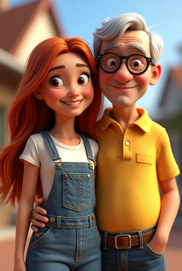 3D Cartoon Woman Character, disney pixar style, eyes browns, long red hair long, freckles on nose and cheeks, wearing long denim overalls and a white t-shirt. Next to Man without a beard, black elderly man, hair grey, wearing jeans and a yellow polo shirt and prescription glasses.
