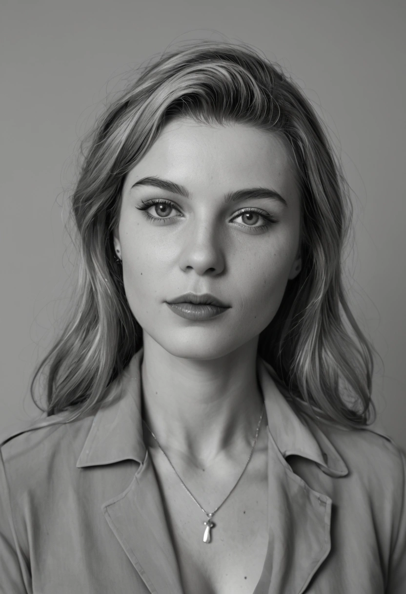 Crée une image hyperréaliste du visage d'une belle femme d'origine européenne, montrée sous trois angles différents en utilisant trois clones identiques. La première clone montre la femme regardant légèrement vers la gauche, la deuxième clone présente une vue de face, et la troisième clone la montre regardant légèrement vers la droite. La femme a un teint bronzé, des cheveux blonds attachés en un chignon ou une queue de cheval, et son grain de peau est clairement visible, avec des détails tels que des pores, de légères imperfections, et une texture naturelle. L'éclairage est doux et uniforme, mettant en valeur les contours du visage, les reflets subtils dans ses cheveux attachés, et la profondeur de son regard. Le fond est neutre pour focaliser toute l'attention sur les orientations du regard et les détails réalistes du visage.